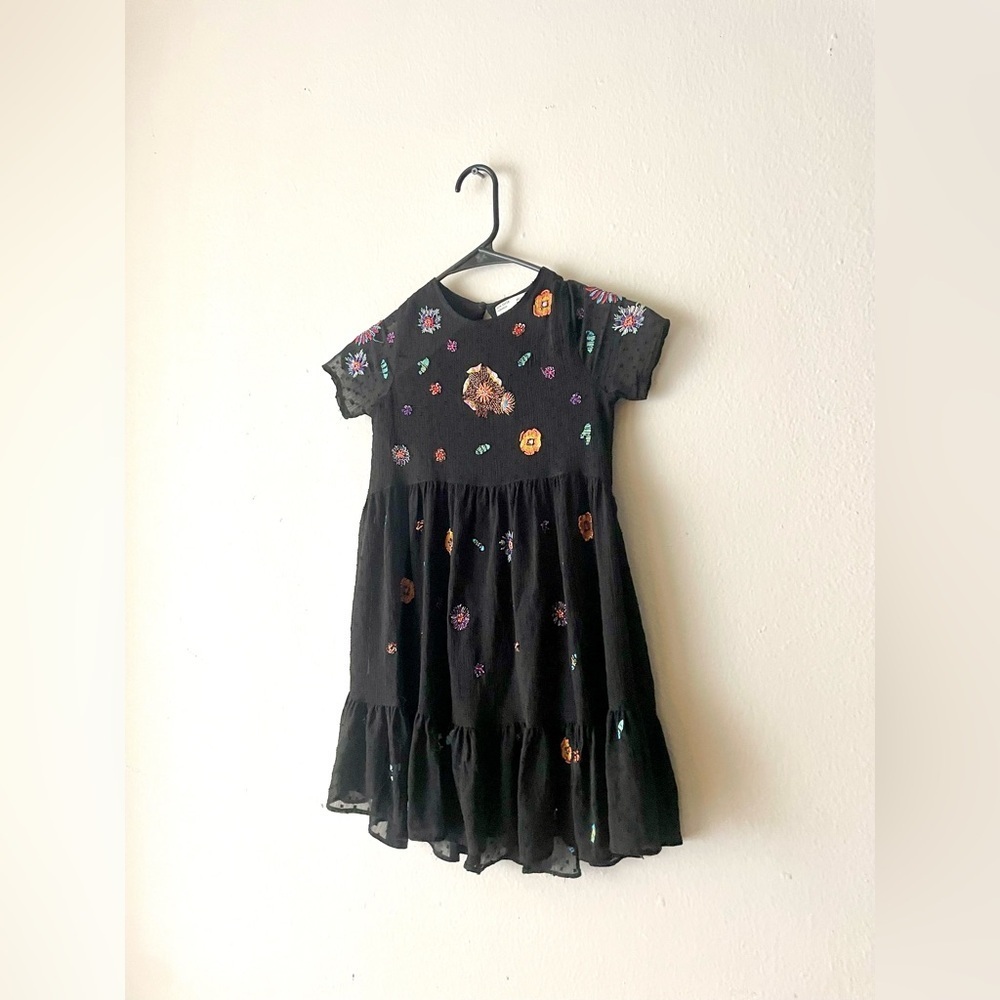 Dress Zara Kids Girl Embroidered Tulle Black Short Sleeve Size 6 - Picture 3 of 9